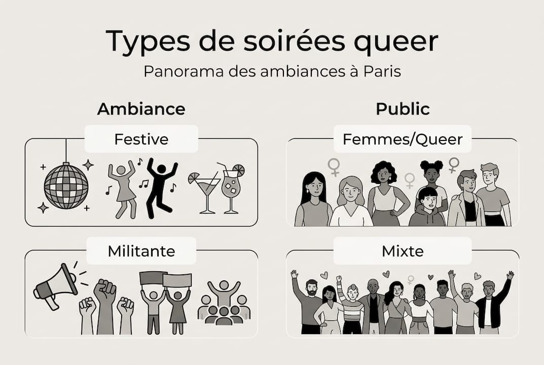 Visuel illustrant la richesse et la variété des soirées queer