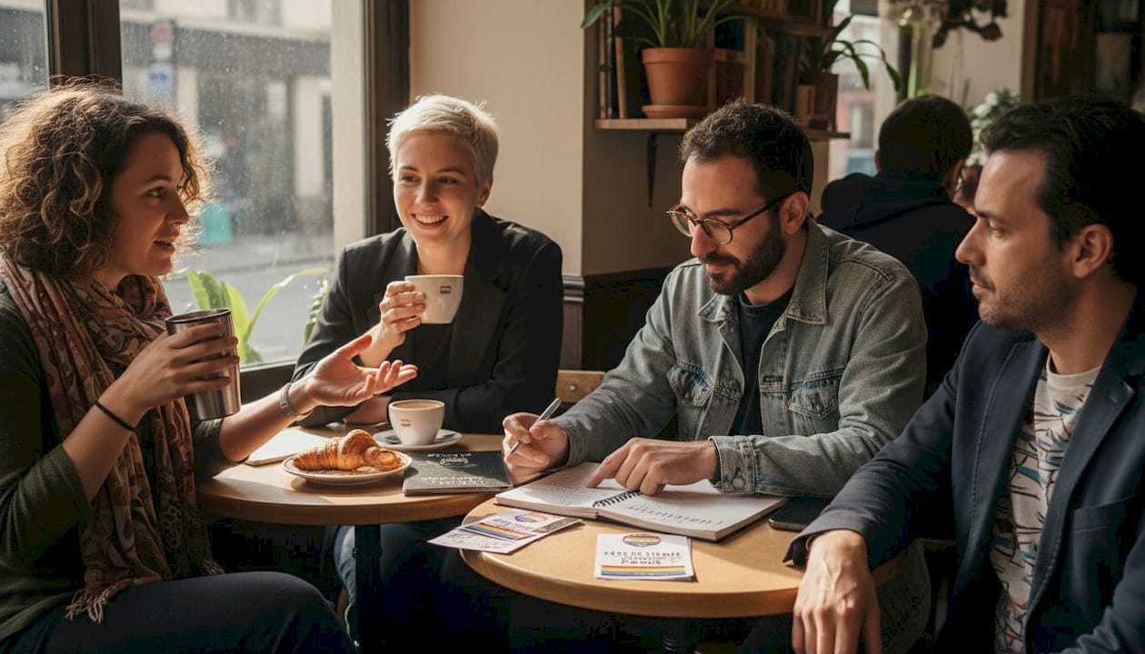 Un groupe échange autour d’un événement LGBT installé à la terrasse d’un café parisien.