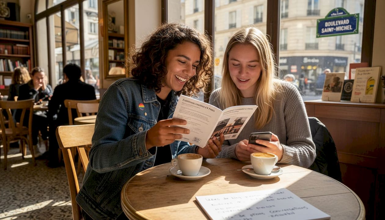Autour d’un café en terrasse à Paris, des amis échangent leurs points de vue sur le soutien à la communauté LGBT, partageant leurs expériences et discutant des initiatives locales pour promouvoir l’inclusion.