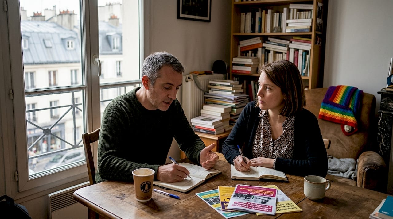 Échanges autour des droits LGBT lors d'une soirée conviviale dans un appartement parisien