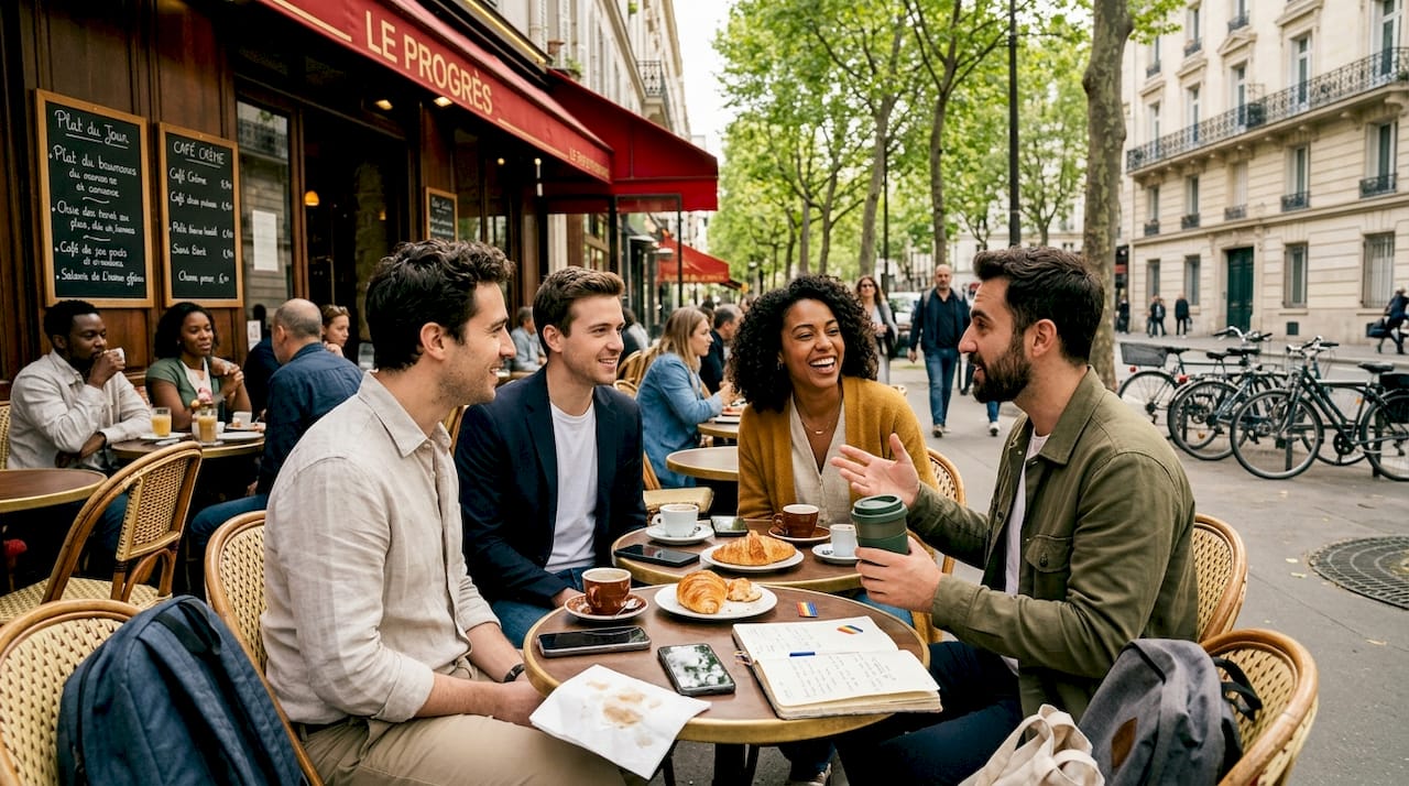 Un groupe éclectique échange et tisse des liens autour d’un café en terrasse, au cœur de Paris.