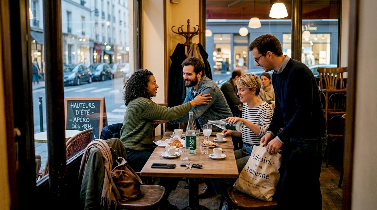 Retrouvailles entre amis autour d’un café chaleureux à Paris, en soirée.