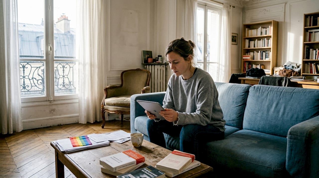Chez elle, une femme s'informe sur l'actualité des droits LGBT.