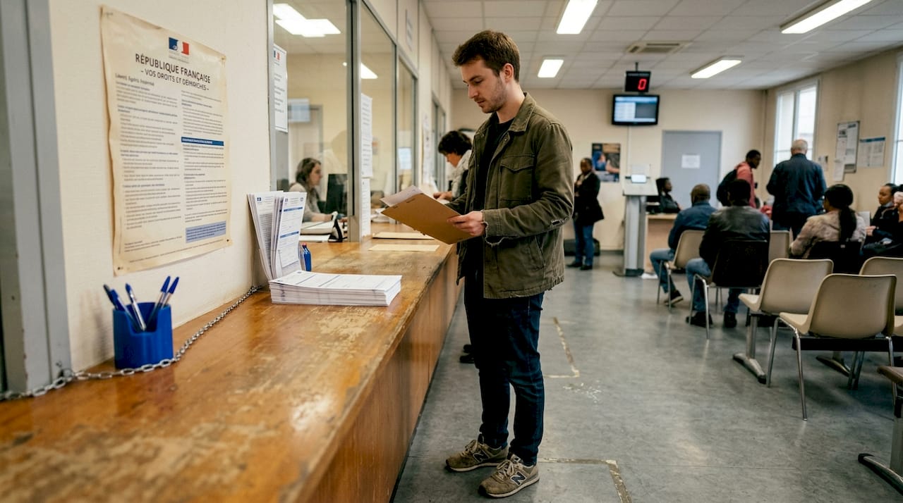 Un homme patiente dans la salle d’attente de la mairie pour finaliser des démarches administratives.