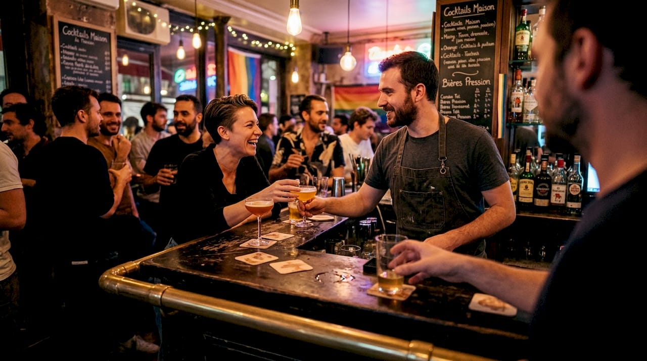 Ambiance conviviale dans un bar LGBT parisien où les habitués échangent, rient et profitent de la soirée ensemble.