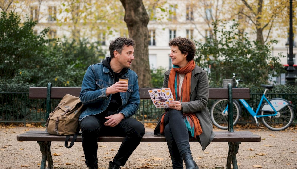 Deux amis discutent tranquillement sur un banc, au cœur d’un parc parisien.