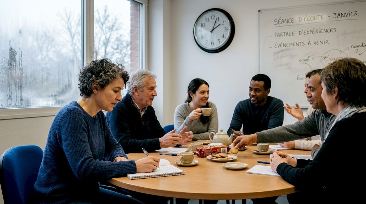 Une animatrice au sein dâun groupe LGBT, en train de prendre des notes pendant une rĂ©union.