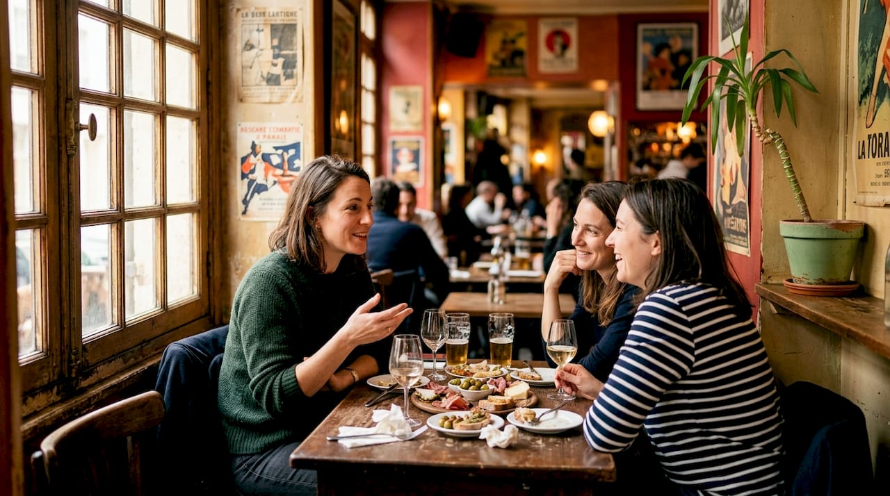 Des femmes échangent et partagent un moment convivial dans un bar lesbien au cœur de Paris.