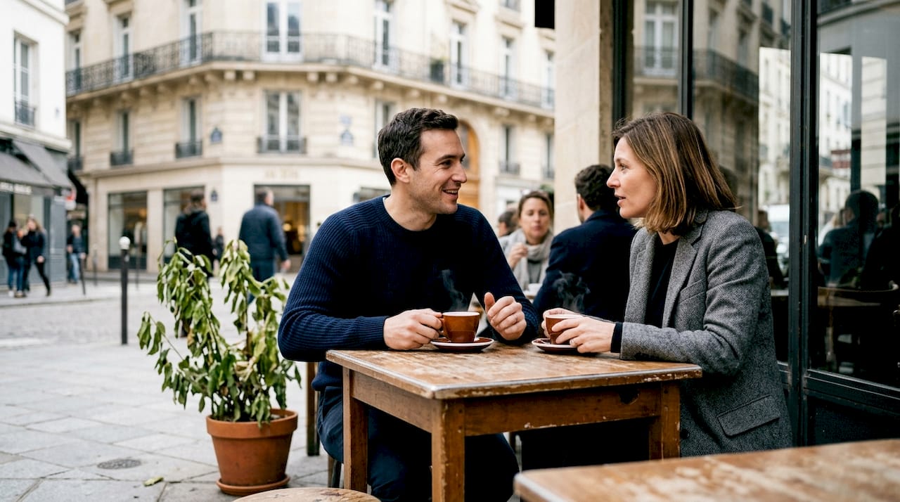 Un petit groupe échange autour d’un café dans un établissement LGBTQIA+ au cœur de Paris.