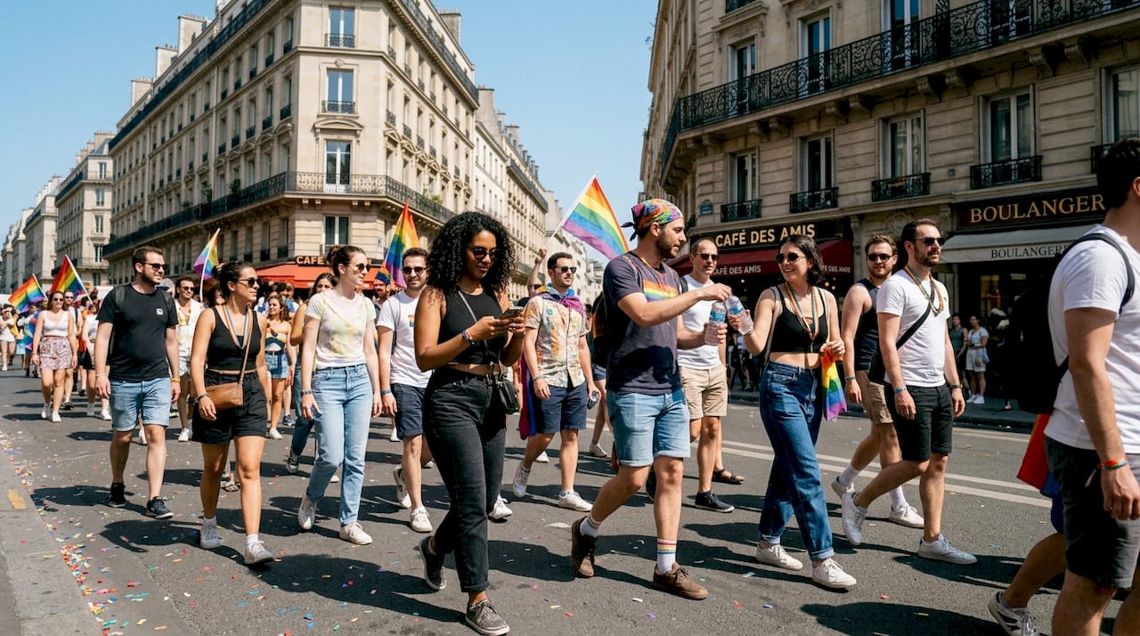 Un groupe de personnes aux profils variés défile lors de la Marche des Fiertés à Paris.