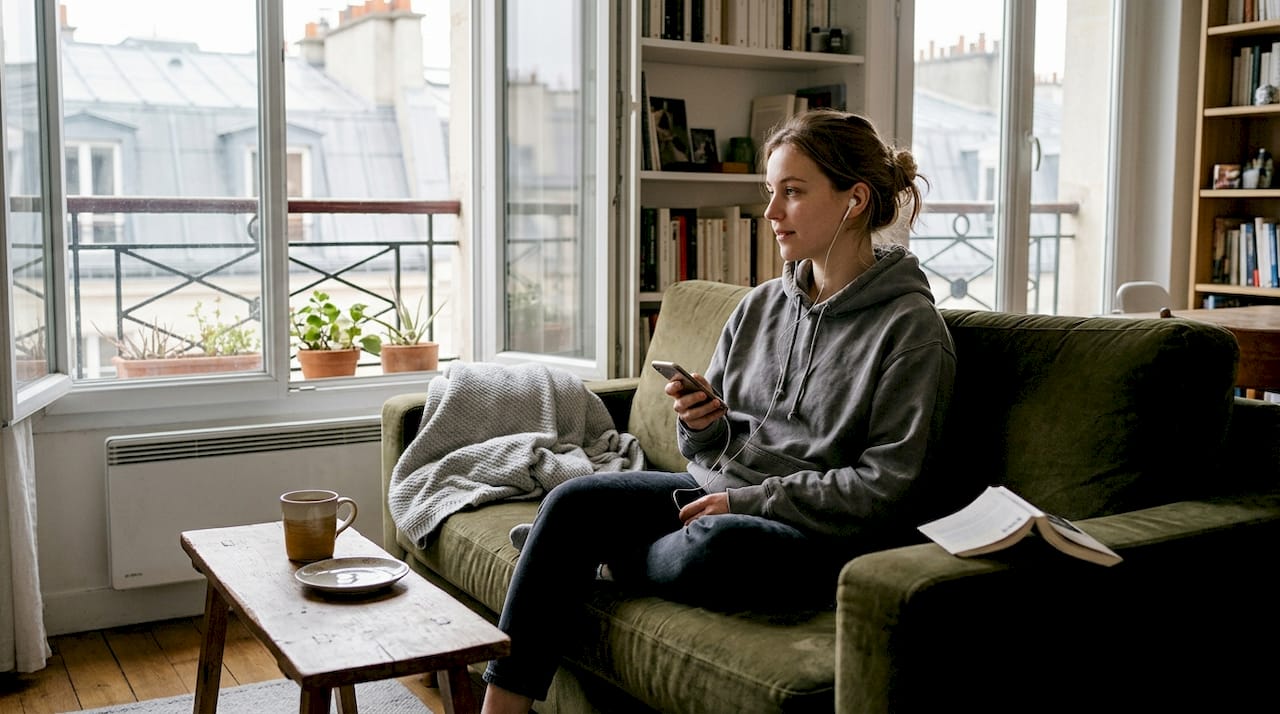 Installé confortablement sur le canapé d’un salon de thé, un jeune adulte profite d’un moment de détente en écoutant un podcast.