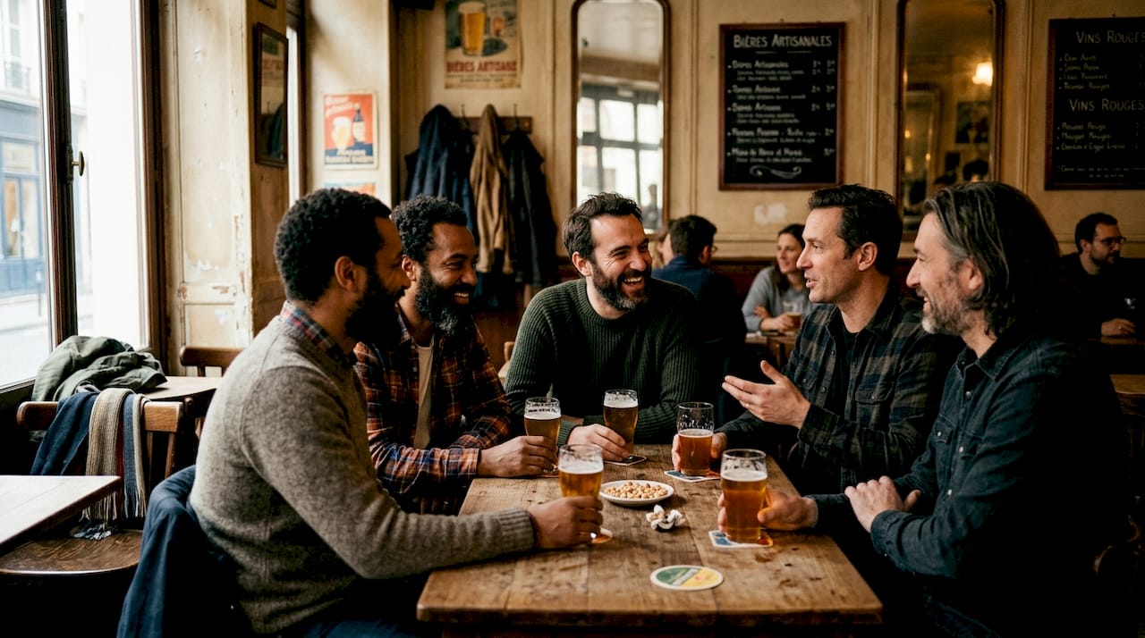 Un groupe de bears en pleine discussion autour d’un verre dans un bar typiquement parisien.