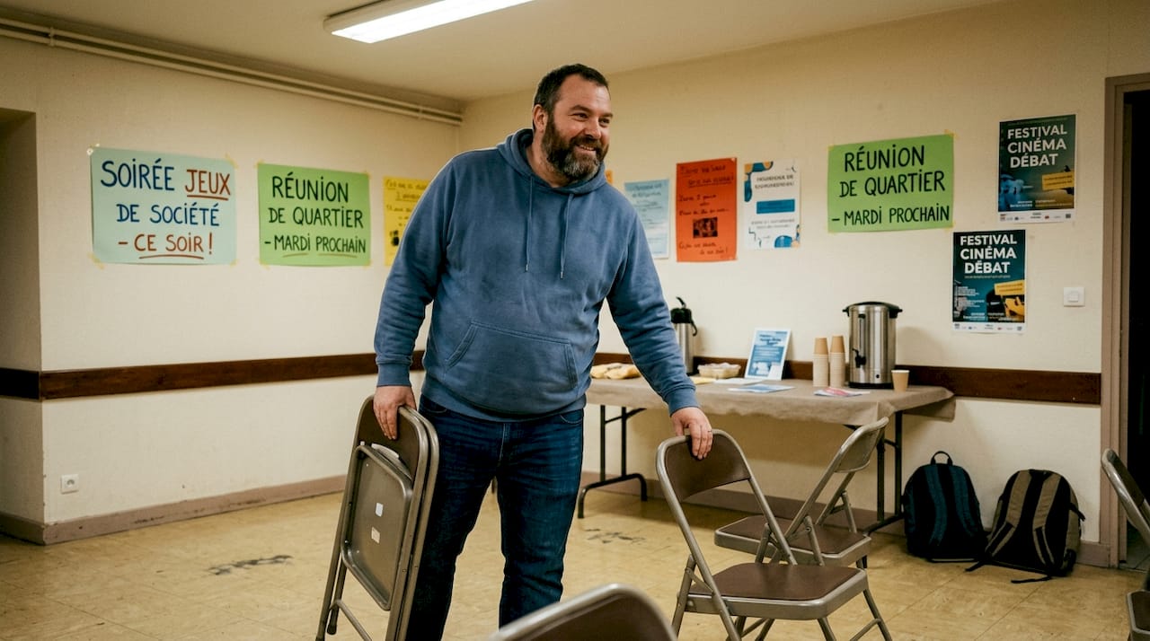 Un bénévole bear s’affaire à préparer une salle associative à Paris, veillant à ce que tout soit prêt pour accueillir les membres.