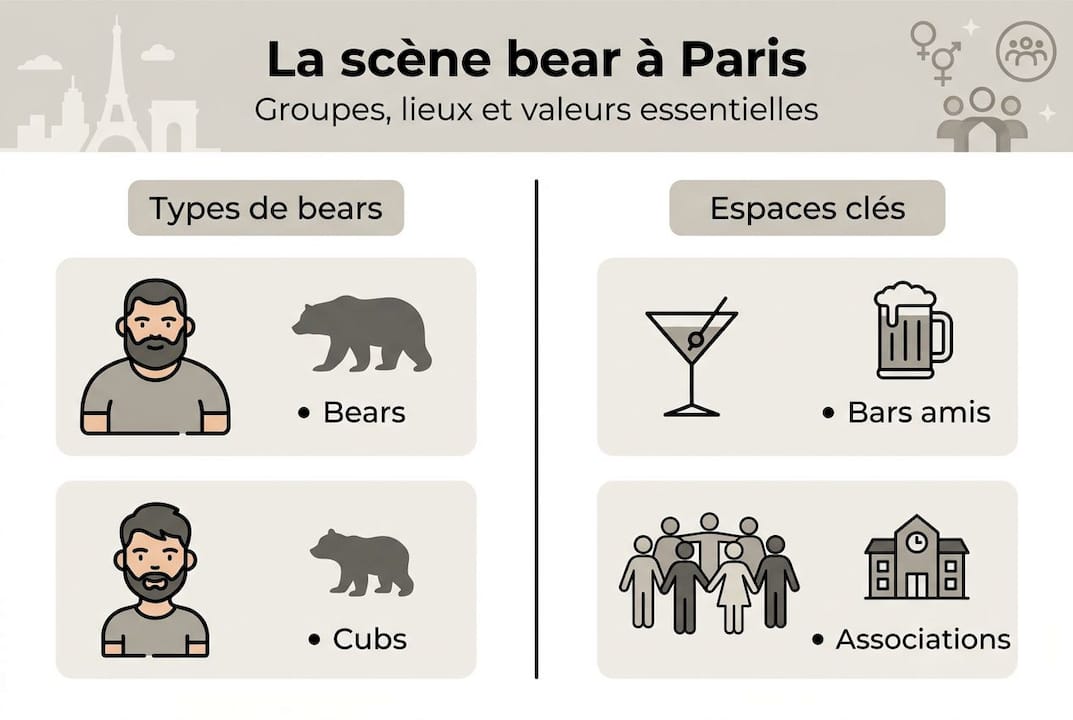 Infographie : l’univers bear à Paris – ses groupes, ses lieux incontournables et les valeurs qui rassemblent la communauté