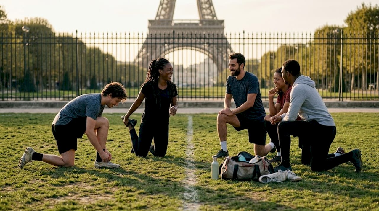 Un groupe de sportifs queer s'échauffe ensemble dans un parc.