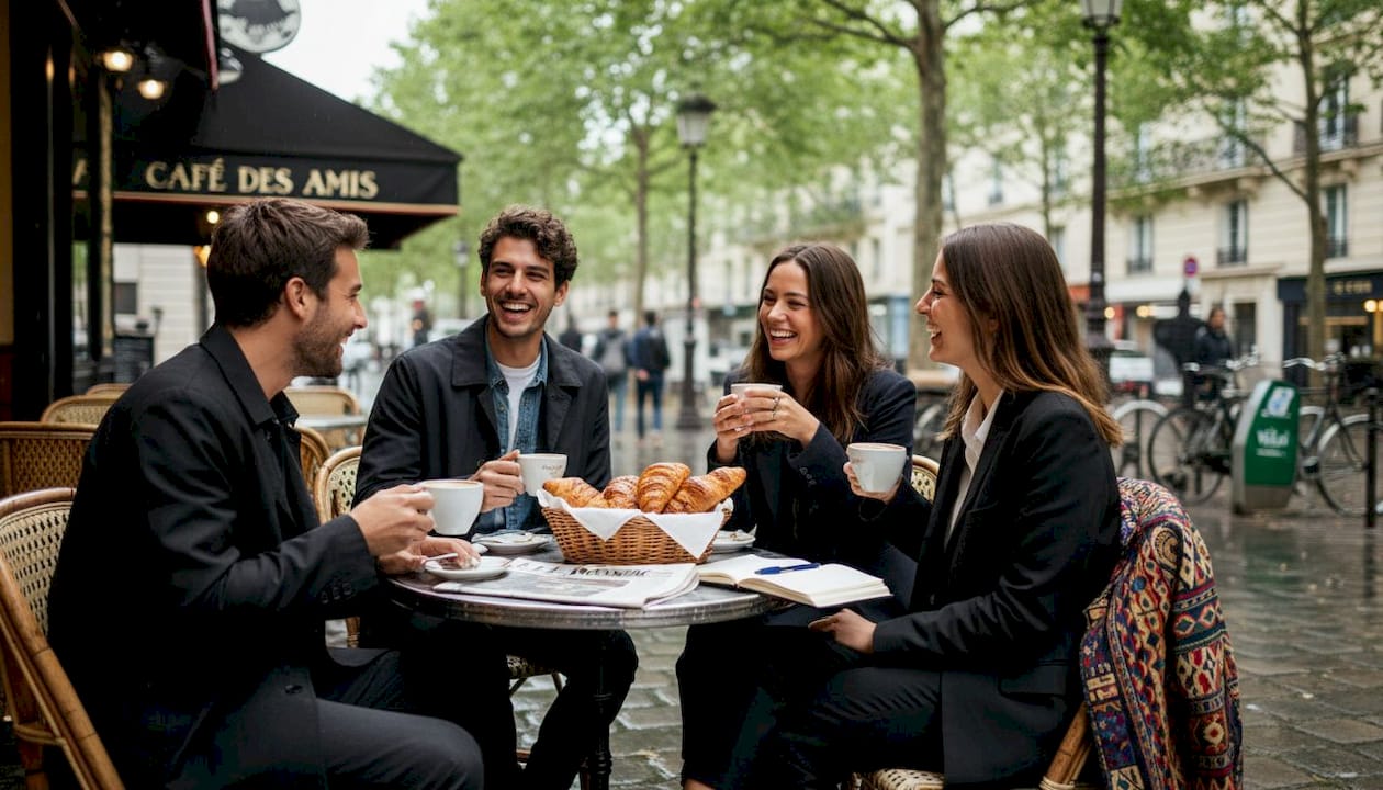 Des amis refont le monde autour d’un café en terrasse à Paris.