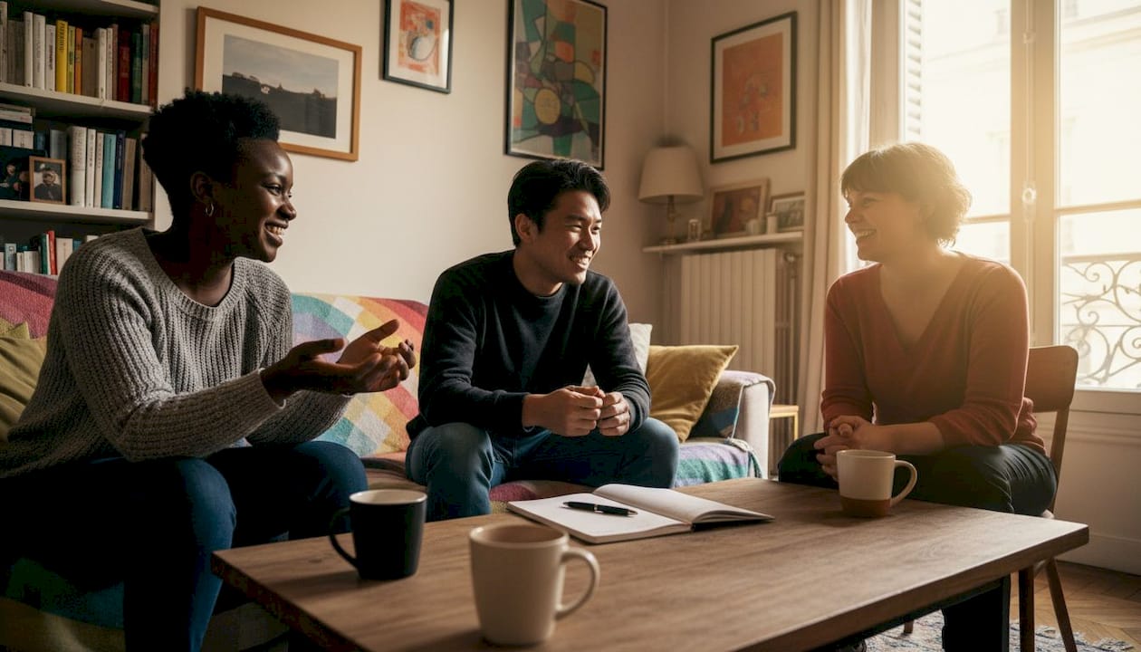 Un groupe LGBTQIA échange dans une ambiance chaleureuse autour d’un salon.