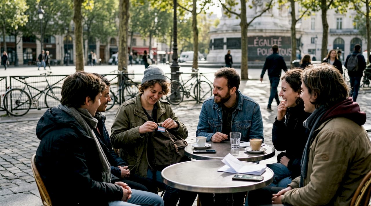 Un groupe d’habitants échange et partage un moment convivial sur une place animée de Paris.
