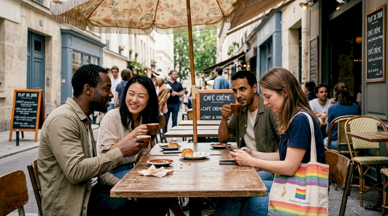 Autour d’une table dans un café typiquement parisien, un groupe de personnes LGBT échange et partage des moments de convivialité.