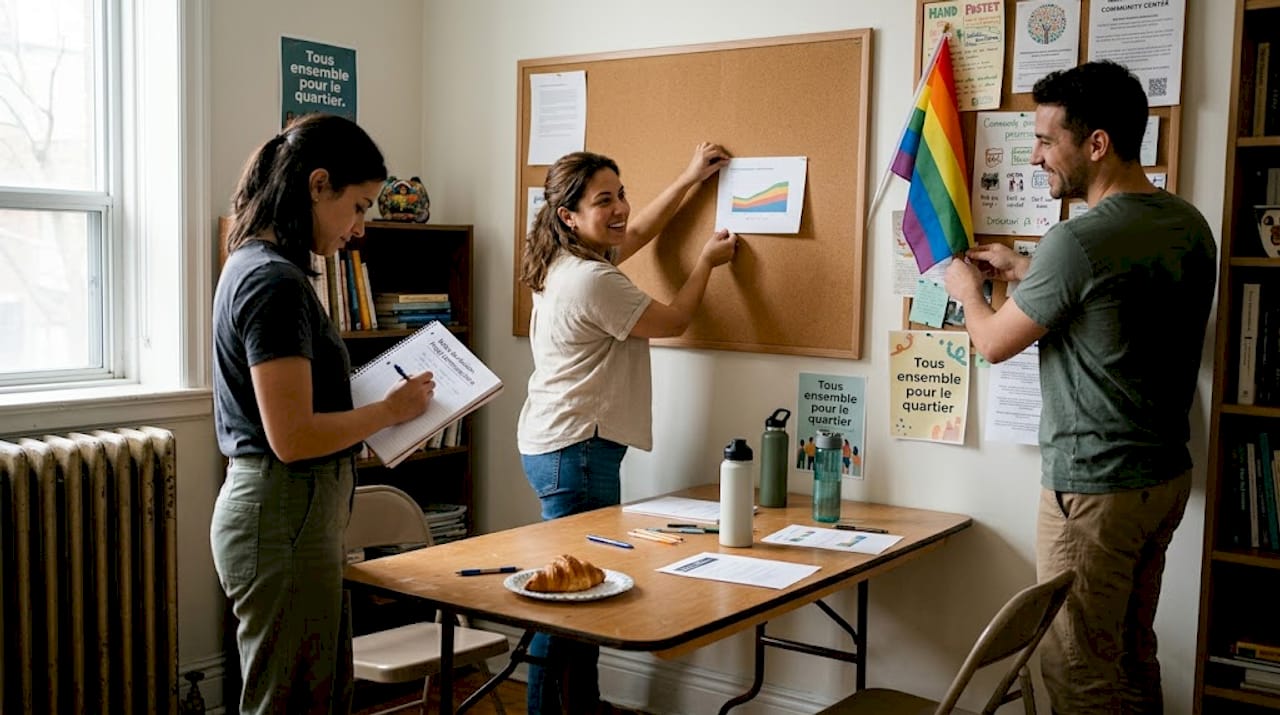 Une petite équipe s’affaire à concevoir les affiches pour le centre communal.