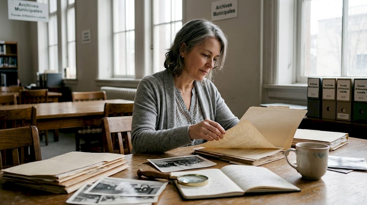 Une femme plongée dans des recherches historiques, installée à une table d’archives.