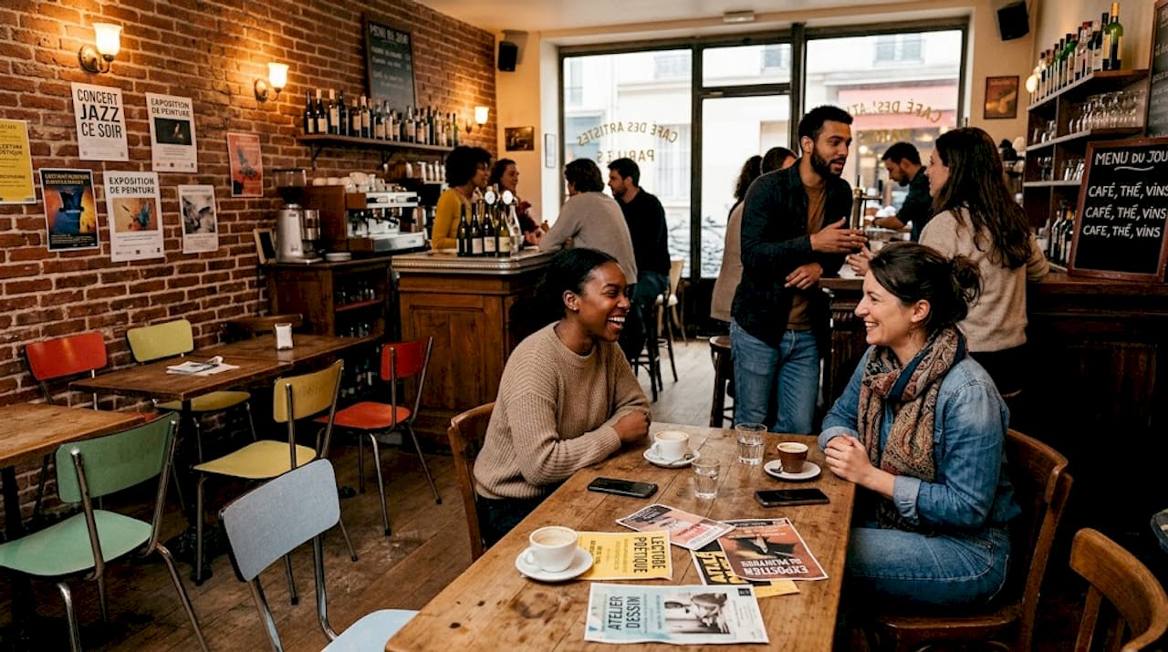 Une ambiance cosmopolite règne sur la terrasse d’un café parisien, où des gens venus d’horizons variés échangent et partagent un moment convivial.