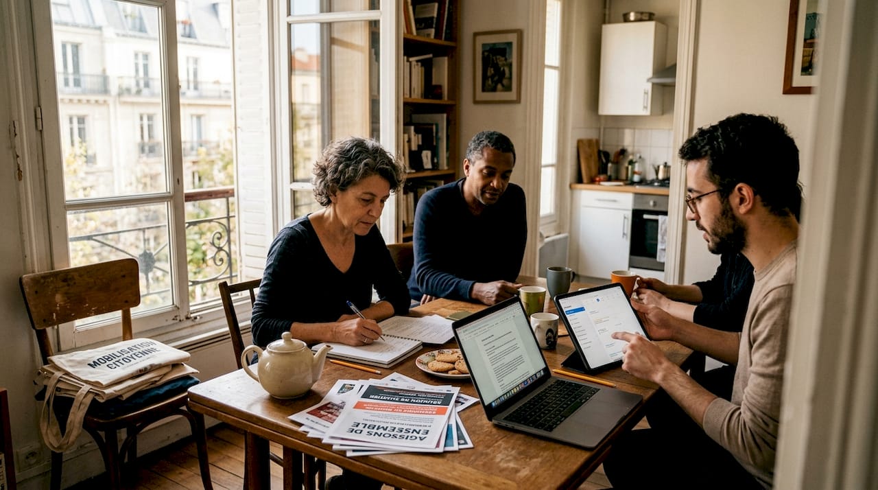 Des militants associatifs se réunissent et travaillent ensemble dans un appartement où ils vivent au quotidien.