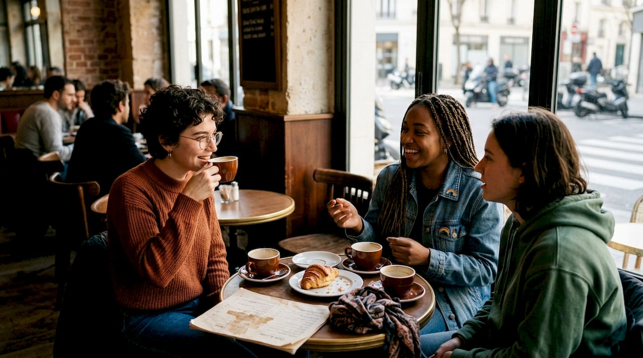 Un groupe d'amis discute joyeusement autour d'un café parisien, dans une ambiance résolument queer et inclusive.