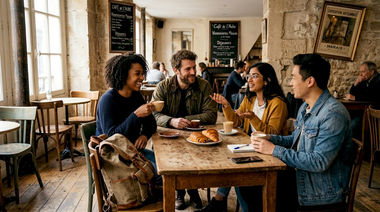 Des amis refont le monde autour d’un café en terrasse dans le Marais.