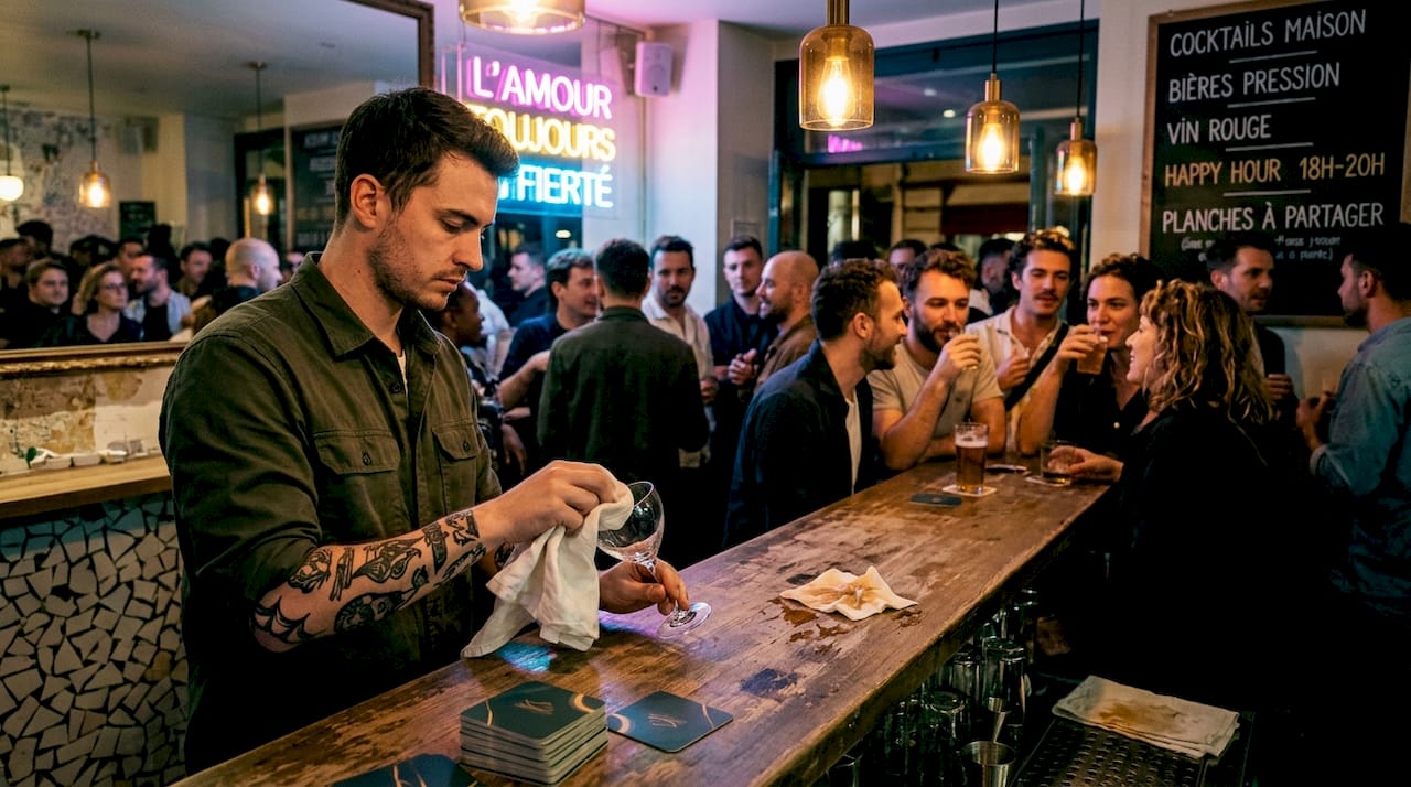 Ambiance animée dans un bar du Marais en début de soirée, au cœur de Paris.