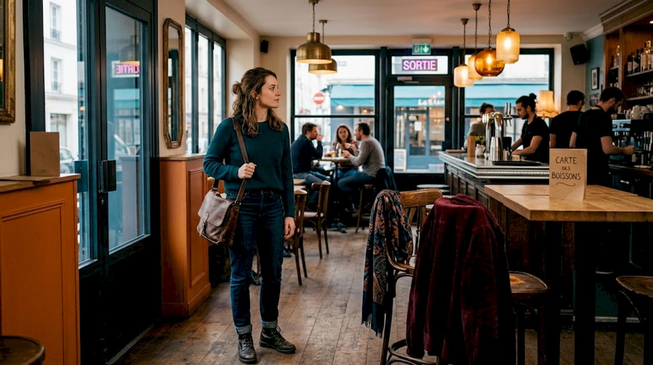 Une jeune femme jette un coup d'œil discret à l’intérieur du bar.