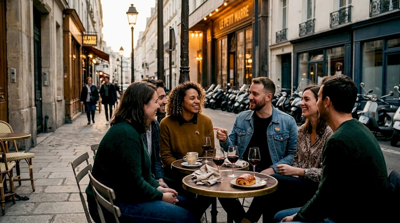 Une bande de potes LGBTQIA+ profite d’un verre en terrasse dans les rues animées de Paris.