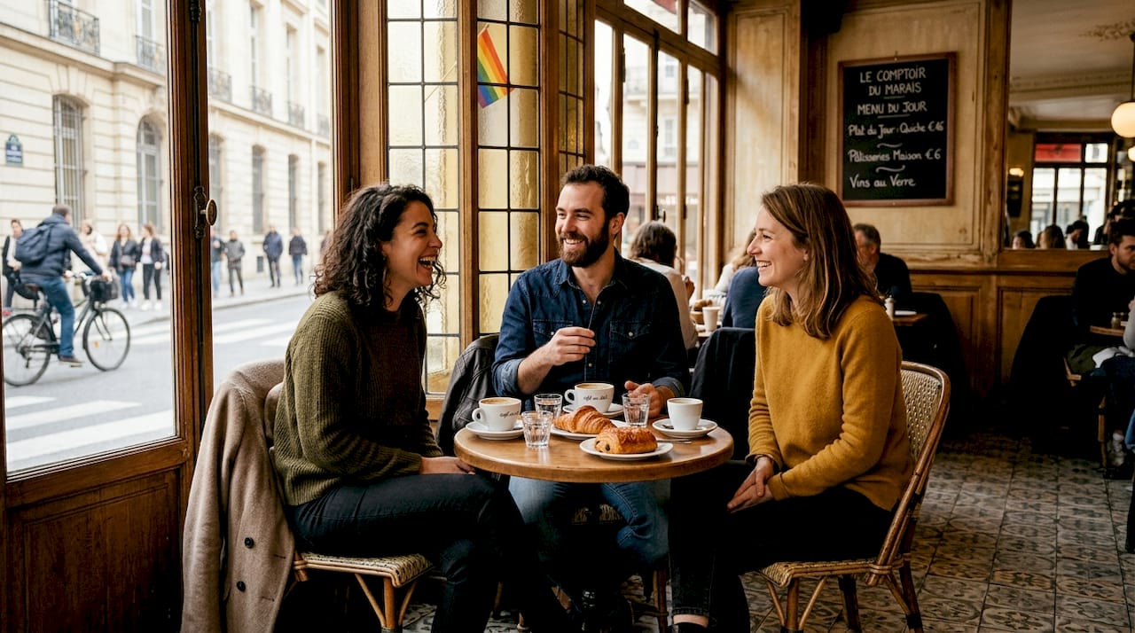 Ambiance animée dans un café du Marais, où des amis refont le monde autour d’un verre.