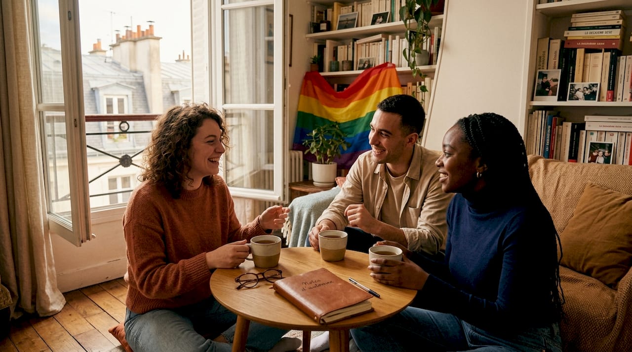 Trois amis échangent chez l’un d’eux autour de la question de la fierté LGBT.