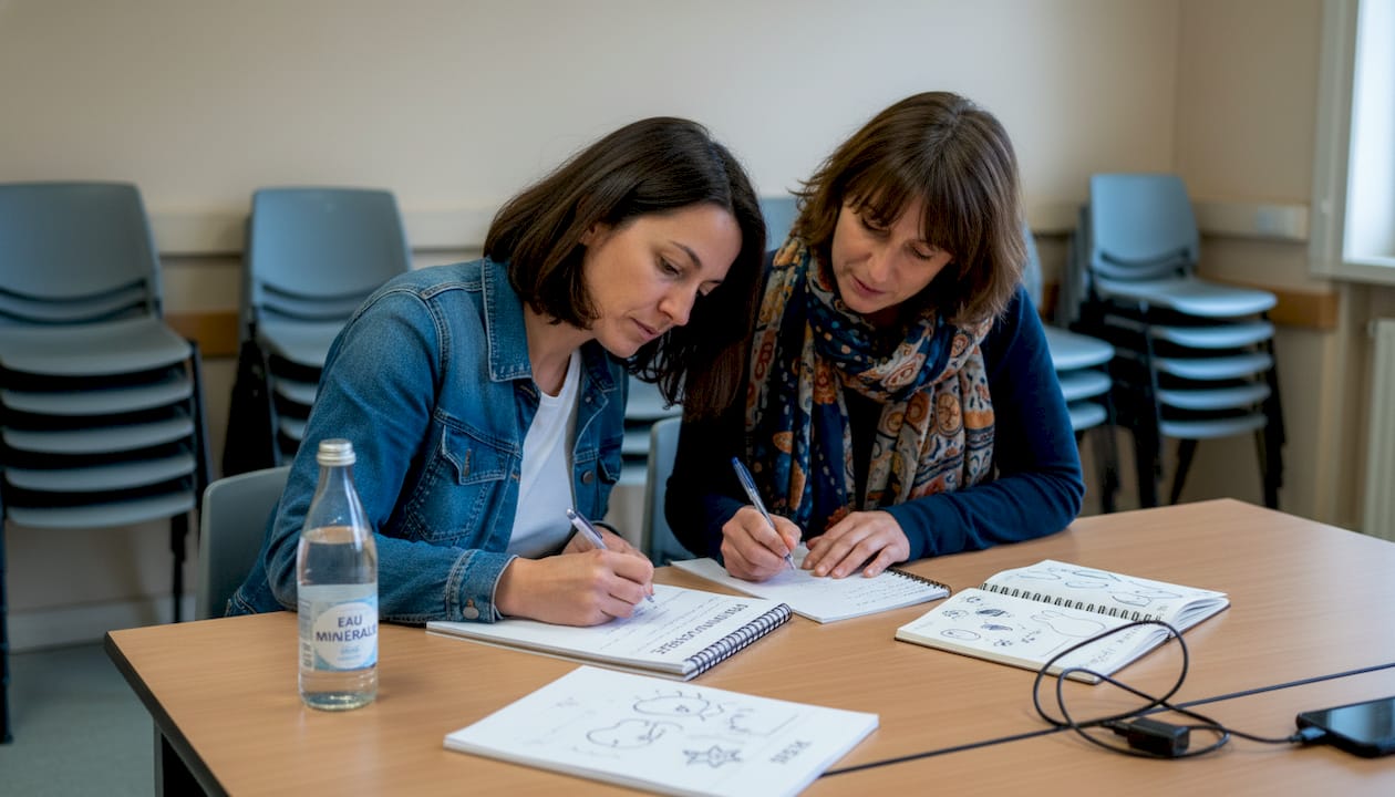 Deux femmes échangent et travaillent ensemble lors d’une réunion de quartier.
