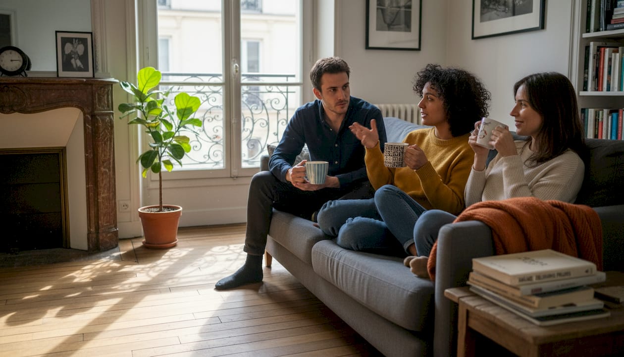 Des amis échangent autour d’une tasse de café dans un appartement parisien baigné de soleil.