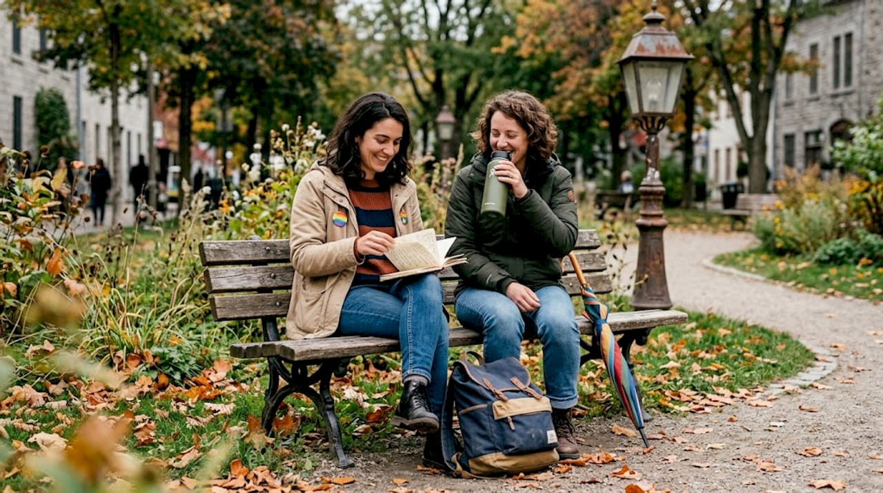 Des femmes échangent autour de la sororité LGBTQIA+ lors d'une discussion conviviale dans un parc.