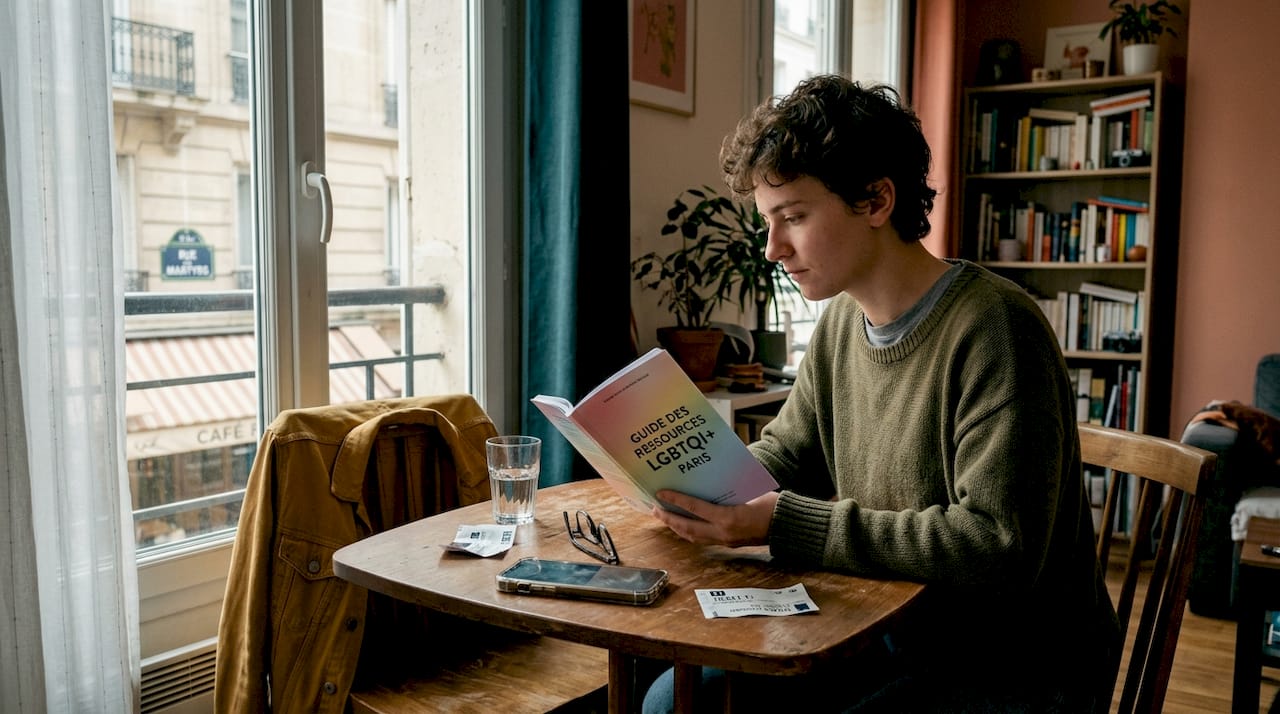 Dans son appartement parisien, une personne feuillette un guide LGBT pour découvrir de nouvelles adresses et bons plans dans la capitale.