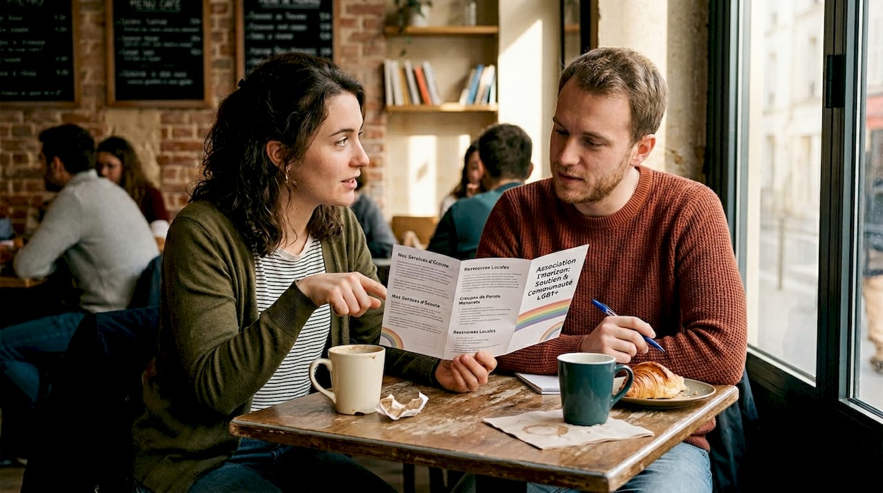 Deux personnes échangent autour d’un café sur les questions de soutien à la communauté LGBT.