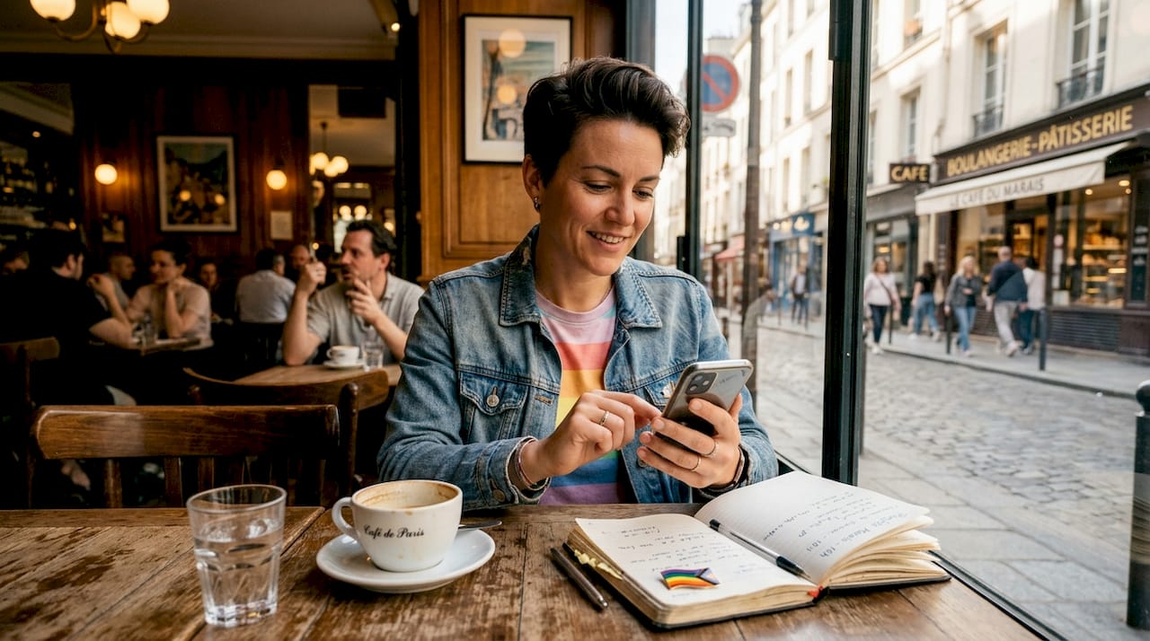 Créatrice de contenu engagée pour la communauté LGBTQIA+, attablée dans un café parisien.