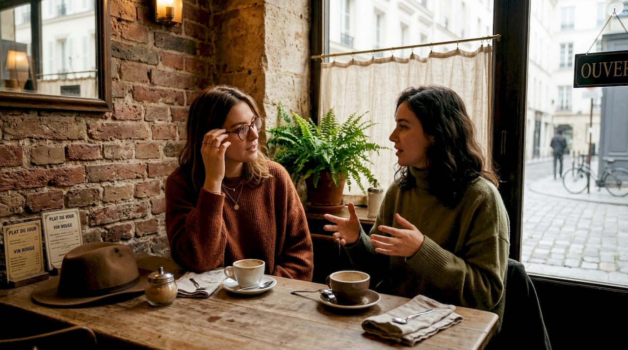 Deux amies échangent des confidences autour d’un café en terrasse, au cœur de Paris.