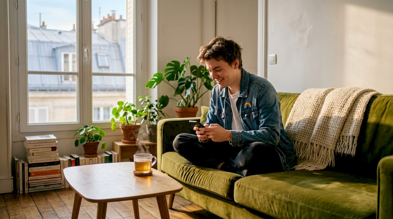 Un jeune adulte échange des messages tranquillement installé dans son appartement cosy.