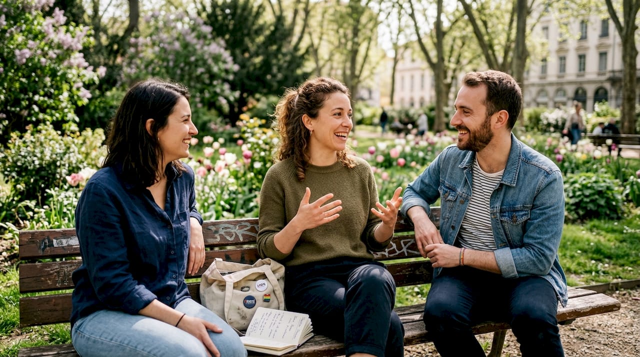 Des amis éclatent de rire ensemble, assis sur un banc au cœur d’un parc urbain.