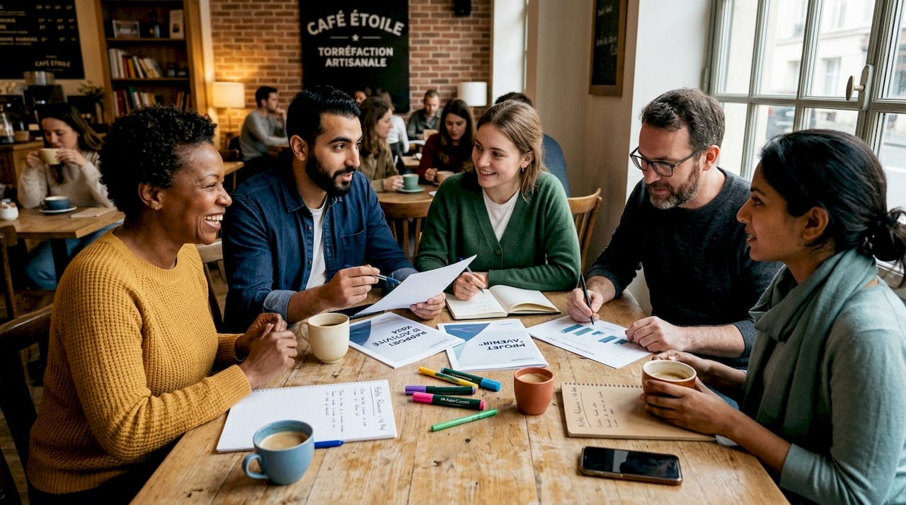 Des membres de la communauté échangent et travaillent ensemble autour d'une table, dans une salle de réunion.