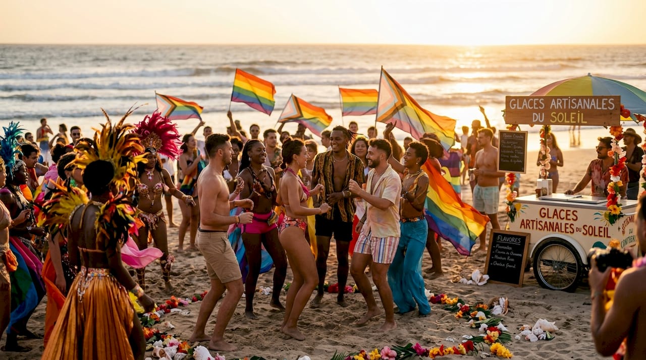 Des festivaliers hauts en couleur défilent lors du carnaval queer, célébrant la diversité dans une ambiance joyeuse et éclatante.
