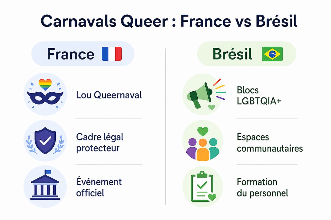 Infographie : les carnavals queer en France et au Brésil, similitudes et différences