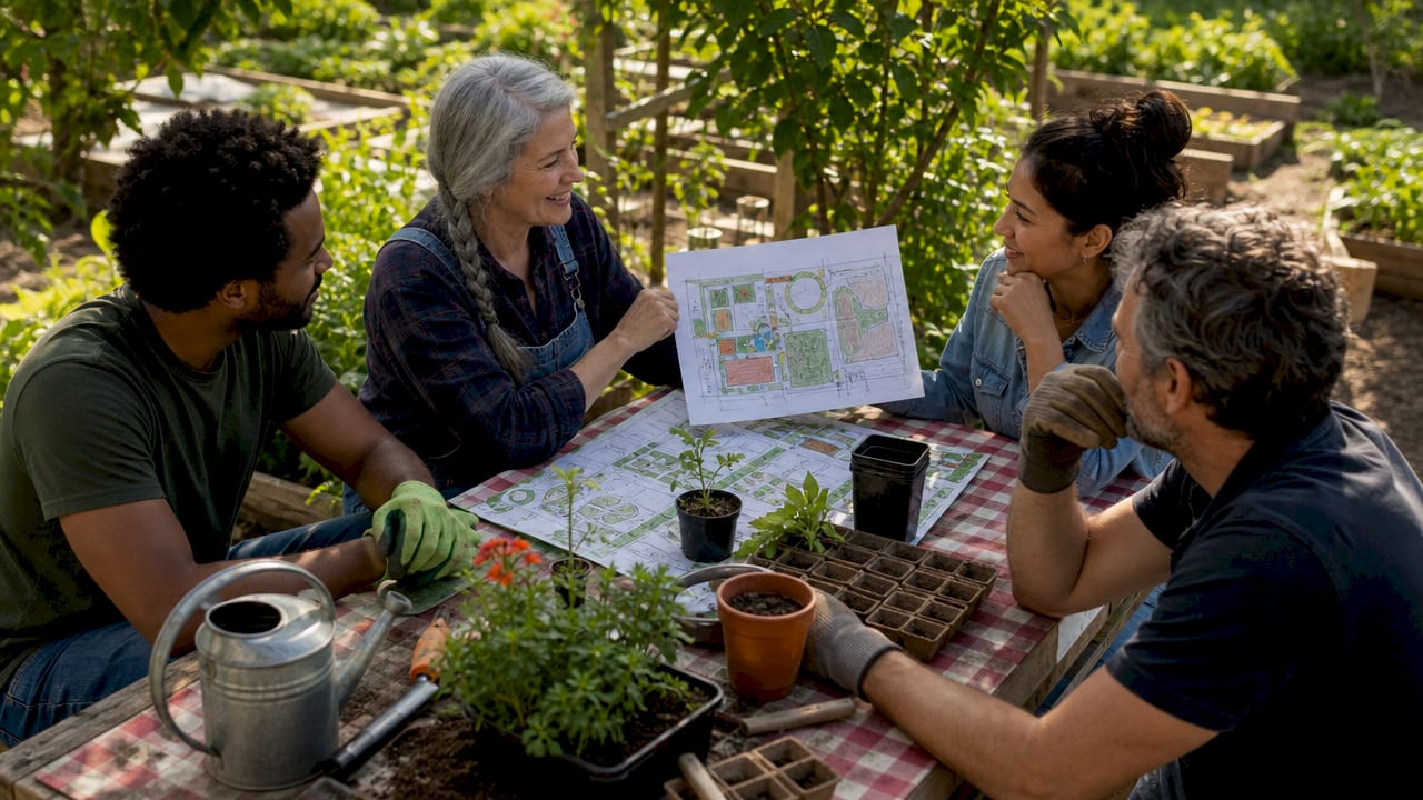 Autour dâune table, un groupe rĂ©flĂ©chit ensemble Ă lâorganisation dâun jardin partagĂ©.