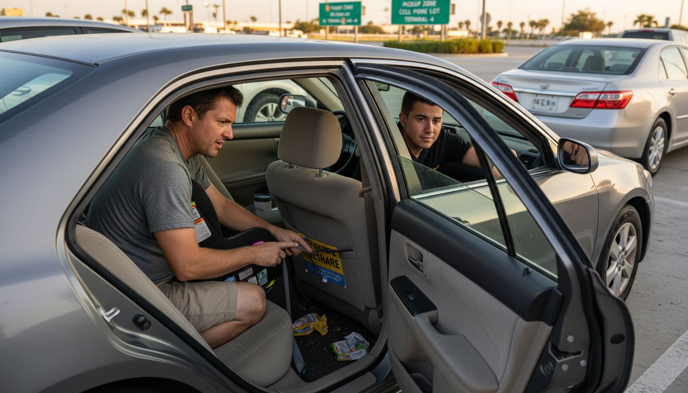 Parent checking car seat in rideshare sedan