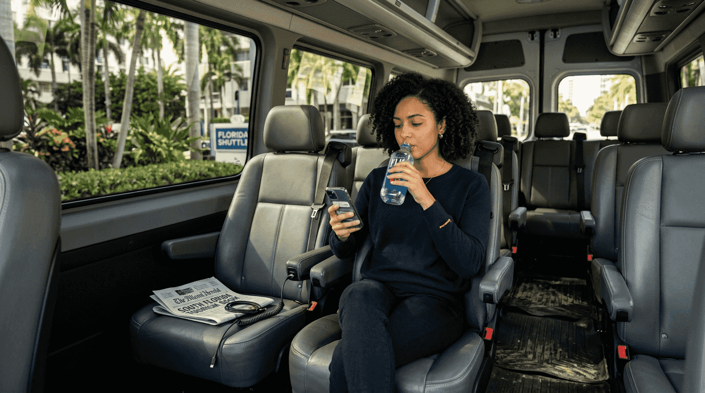 Passenger enjoys luxury shuttle amenities