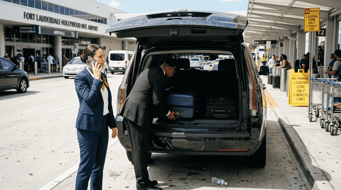 Chauffeur loads luggage into SUV at airport